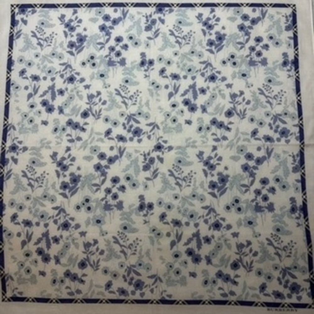 Vtg BURBERRY Scarf Handkerchief Floral Cotton Blue White 19.5in